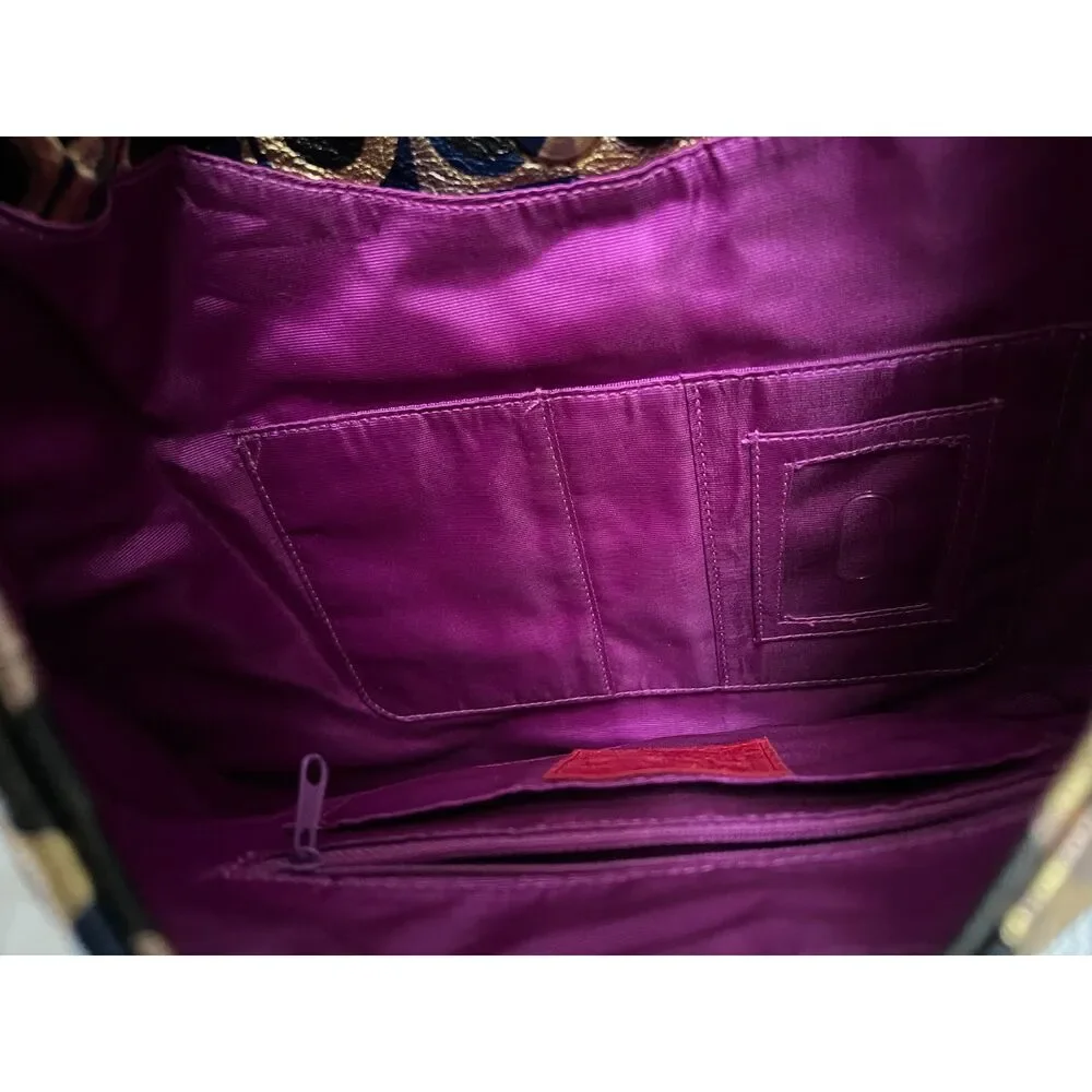Vintage Hobo Gabor blue, black and gold metallic hobo-style/slouchy shoulder bag